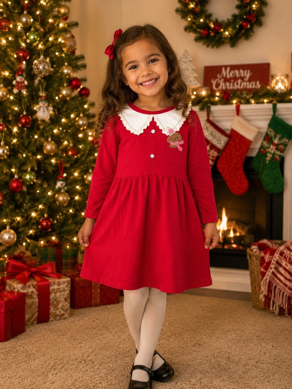 Holiday Red Girls Dress with White Peter Pan Collar